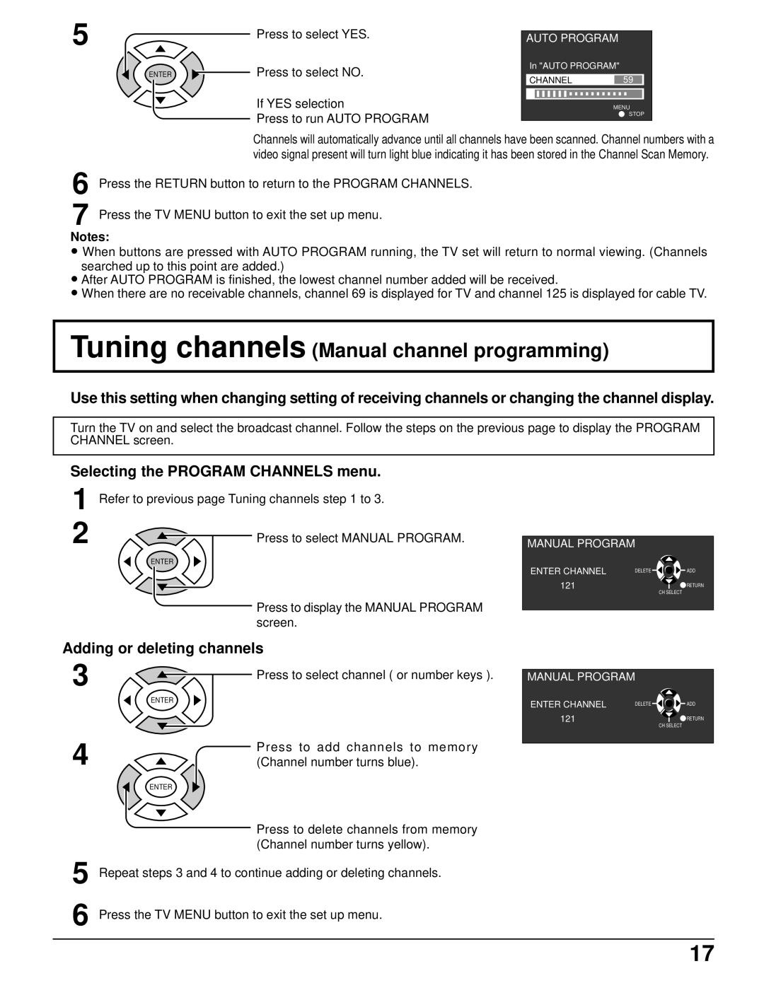 Panasonic TC 11LV1 operating instructions Tuning channels Manual channel programming, Selecting the Program Channels menu 