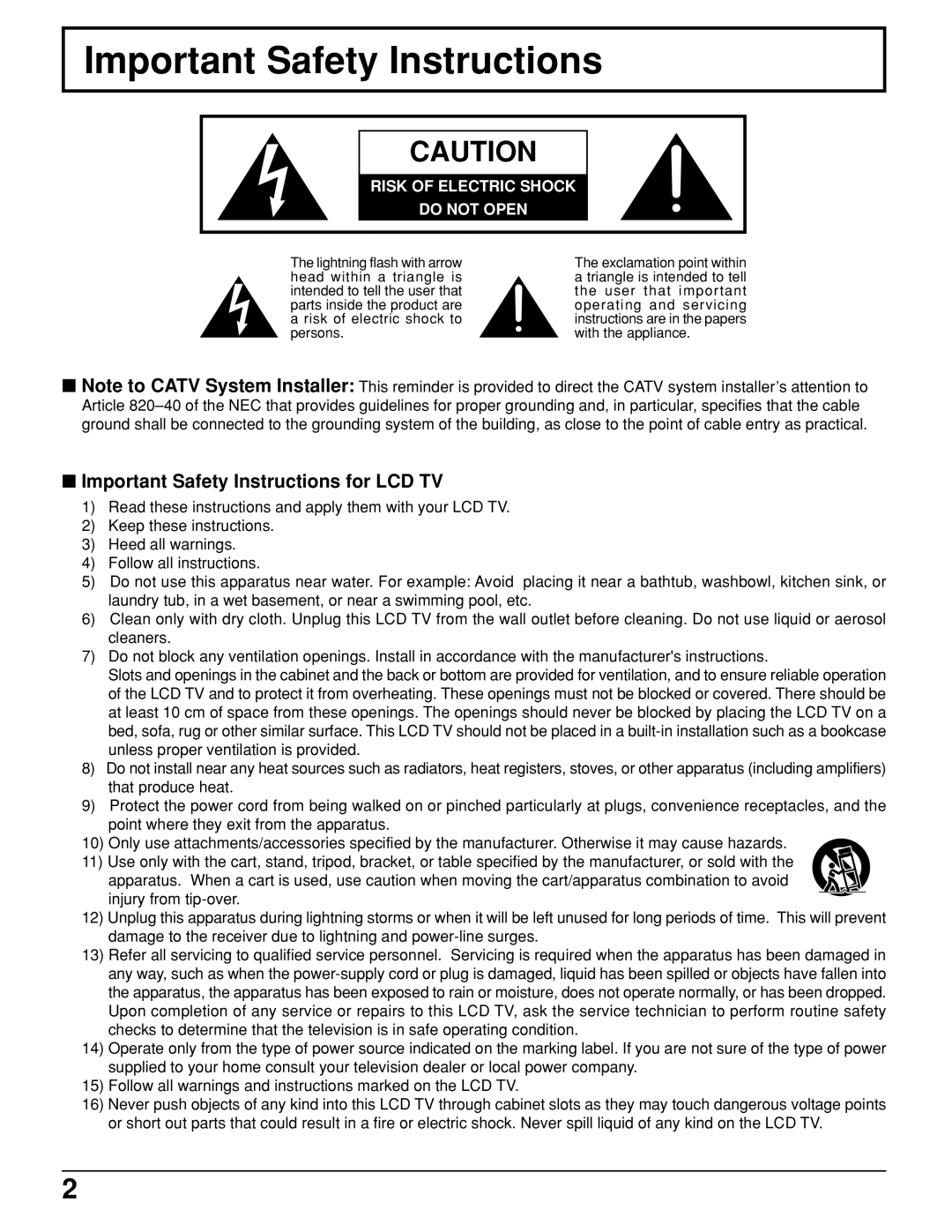 Panasonic TC 11LV1 operating instructions Important Safety Instructions for LCD TV 