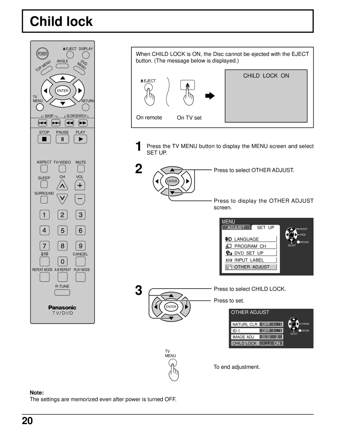 Panasonic TC 11LV1 operating instructions Child lock, Child Lock on, Set Up 