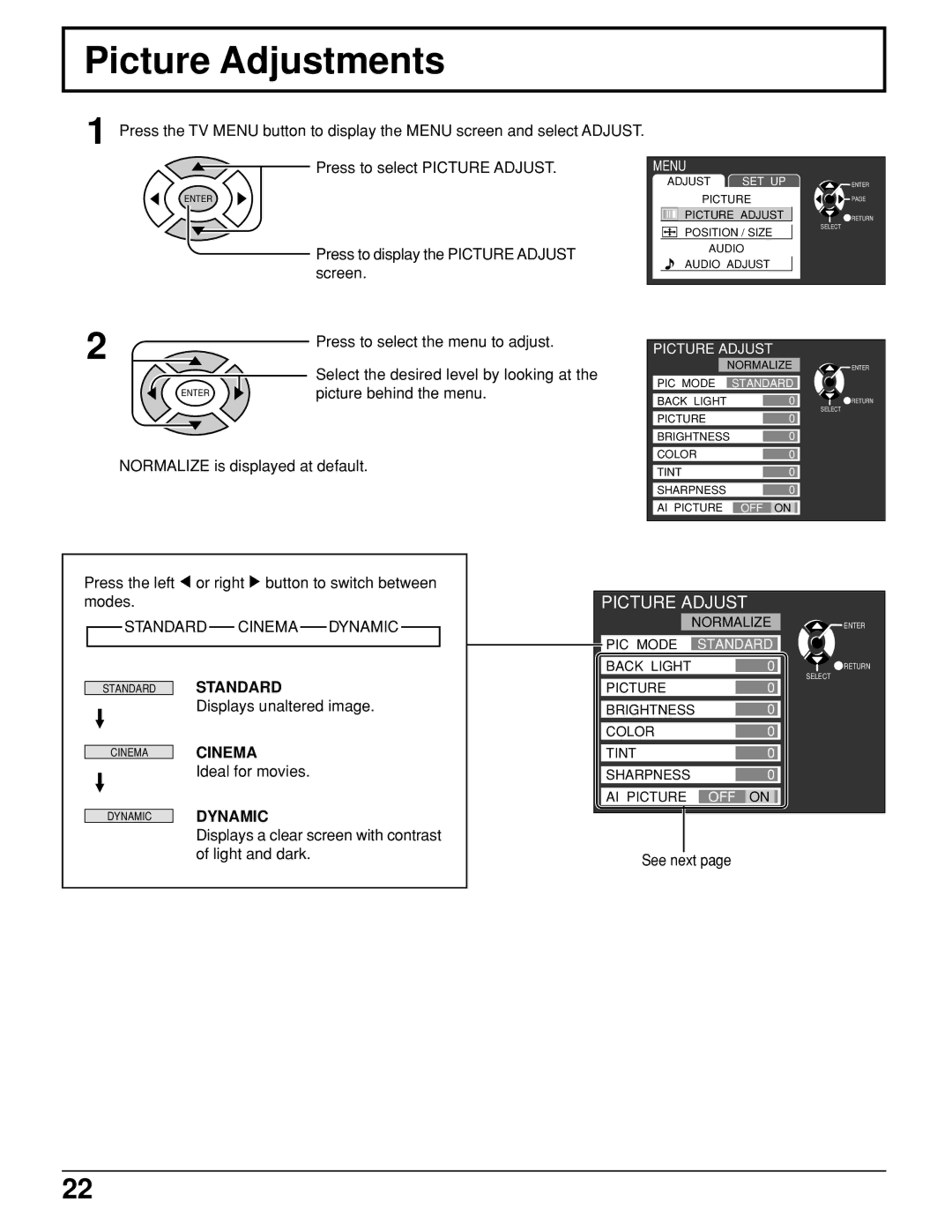 Panasonic TC 11LV1 operating instructions Picture Adjustments, Standard Cinema Dynamic 