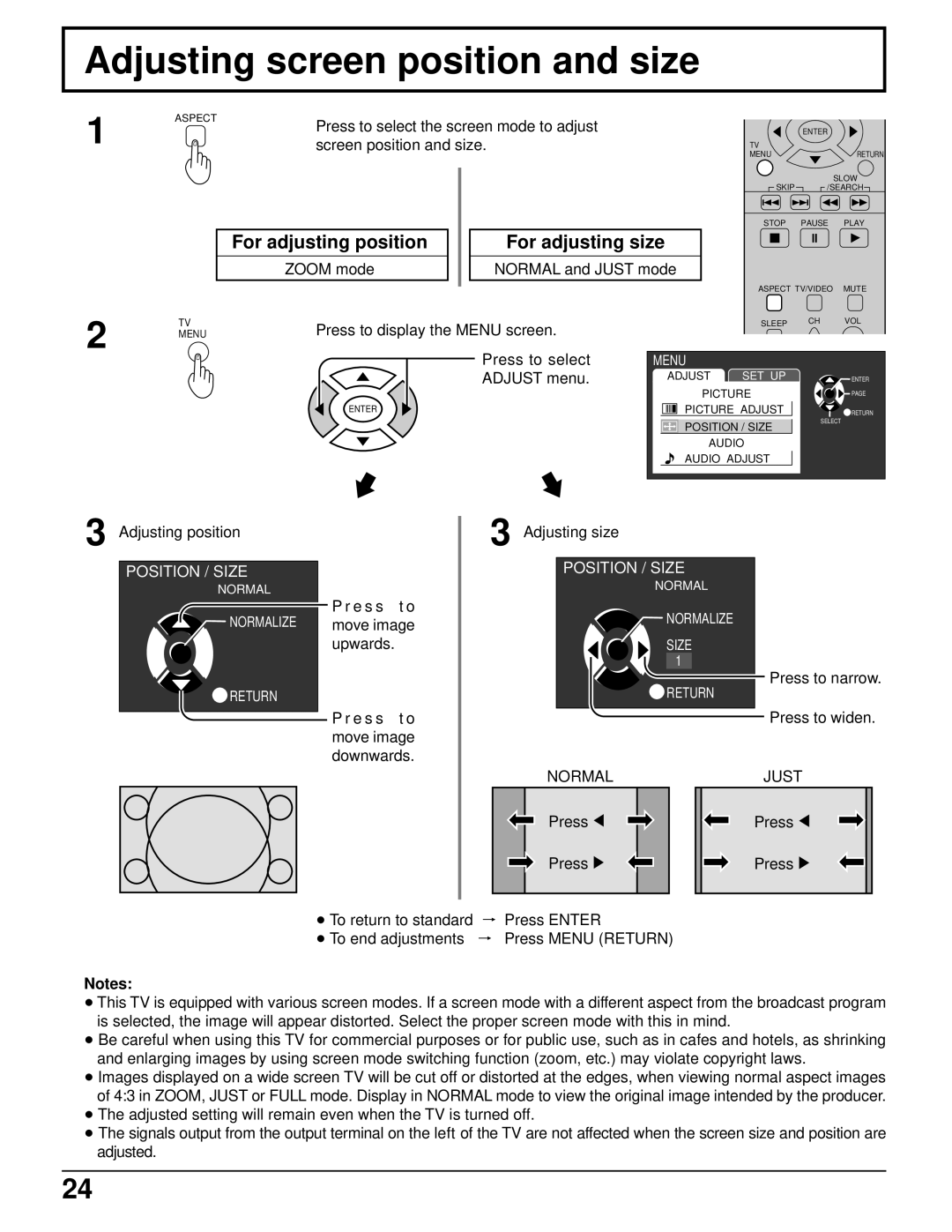 Panasonic TC 11LV1 Adjusting screen position and size, For adjusting position For adjusting size, Normal Just 