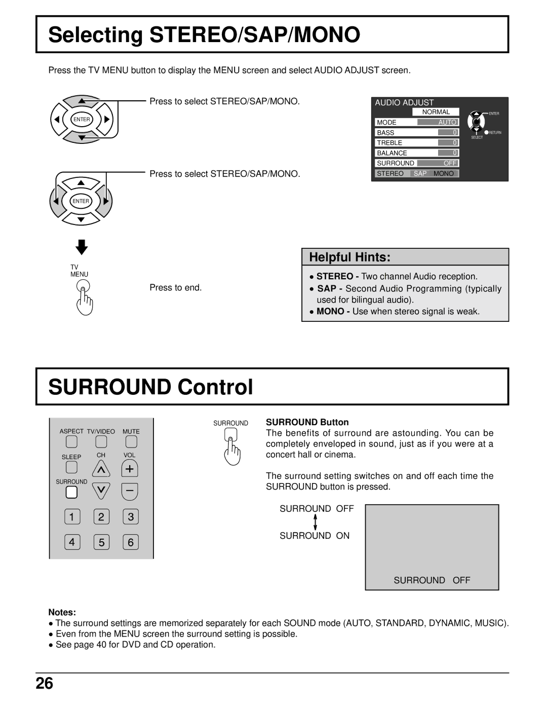 Panasonic TC 11LV1 Selecting STEREO/SAP/MONO, Surround Control, Surround Surround Button, Surround OFF Surround on 