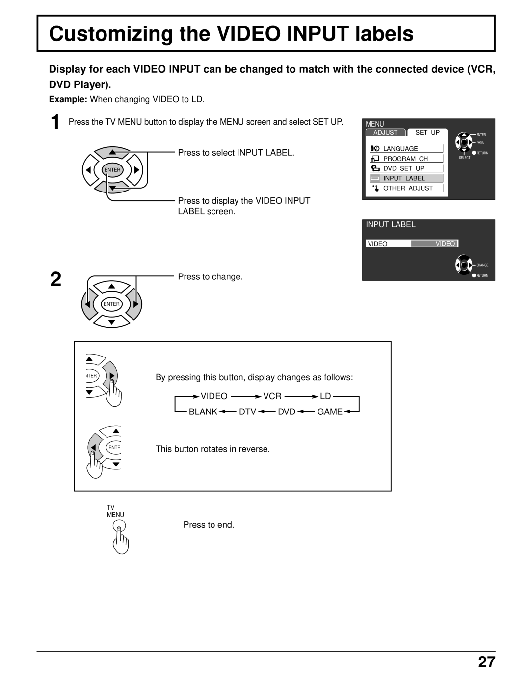 Panasonic TC 11LV1 operating instructions Customizing the Video Input labels, Video VCR Blank DTV DVD Game 