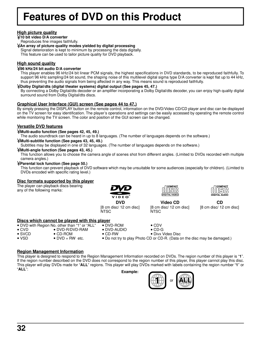 Panasonic TC 11LV1 operating instructions Features of DVD on this Product 