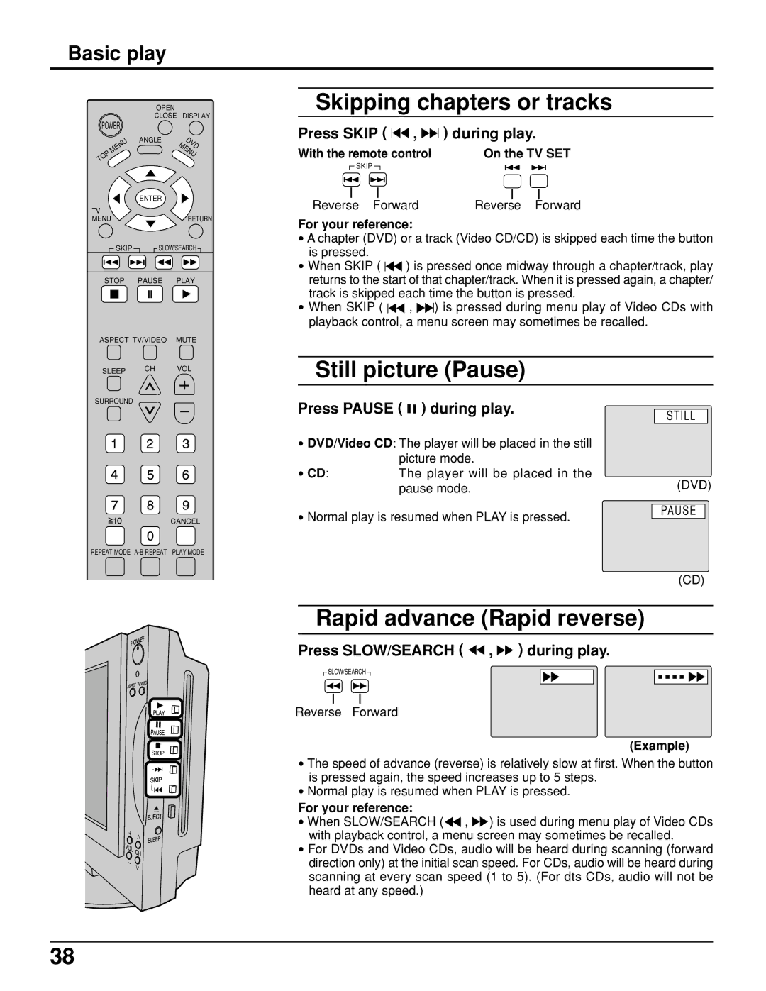 Panasonic TC 11LV1 operating instructions Skipping chapters or tracks, Still picture Pause, Rapid advance Rapid reverse 