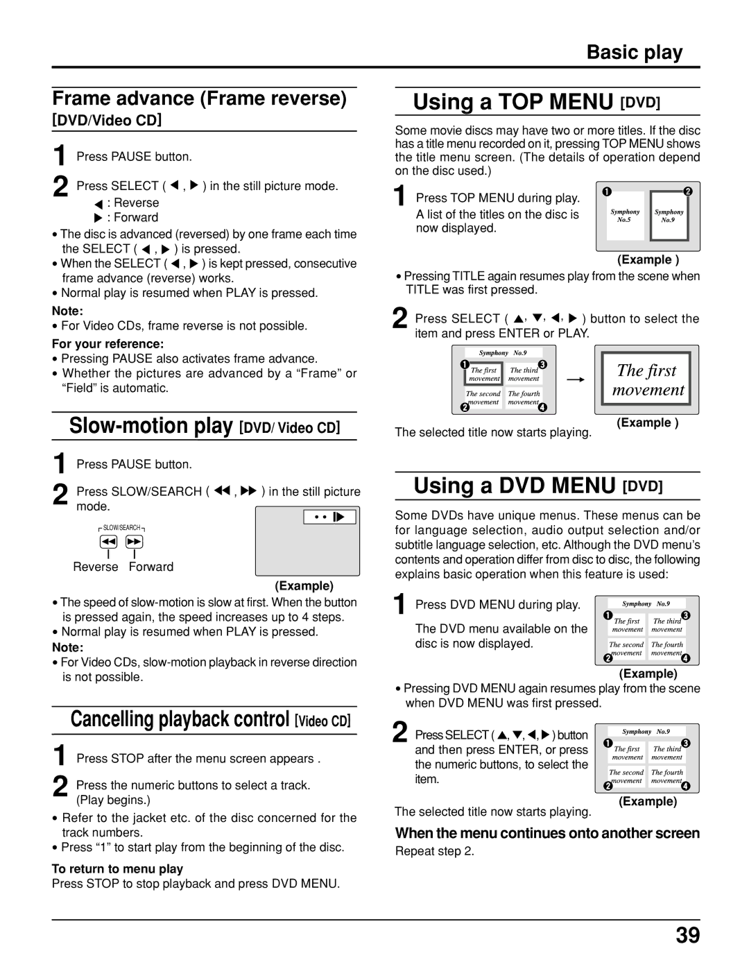 Panasonic TC 11LV1 operating instructions Slow-motion play DVD/ Video CD, Using a TOP Menu DVD, Using a DVD Menu DVD 