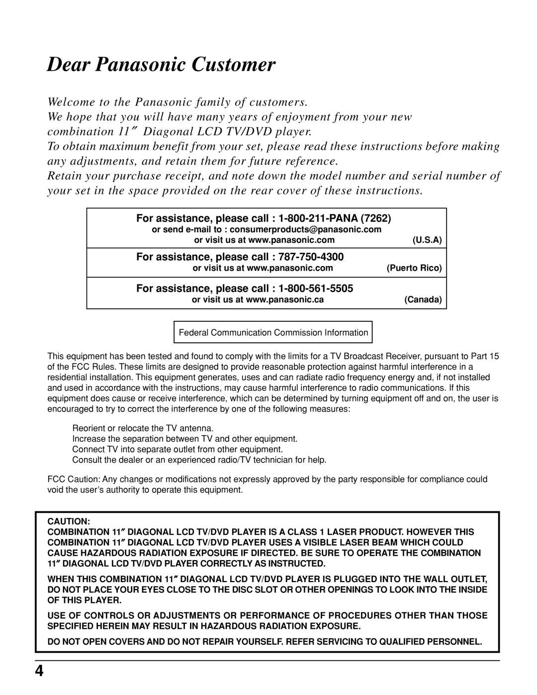 Panasonic TC 11LV1 operating instructions Dear Panasonic Customer 