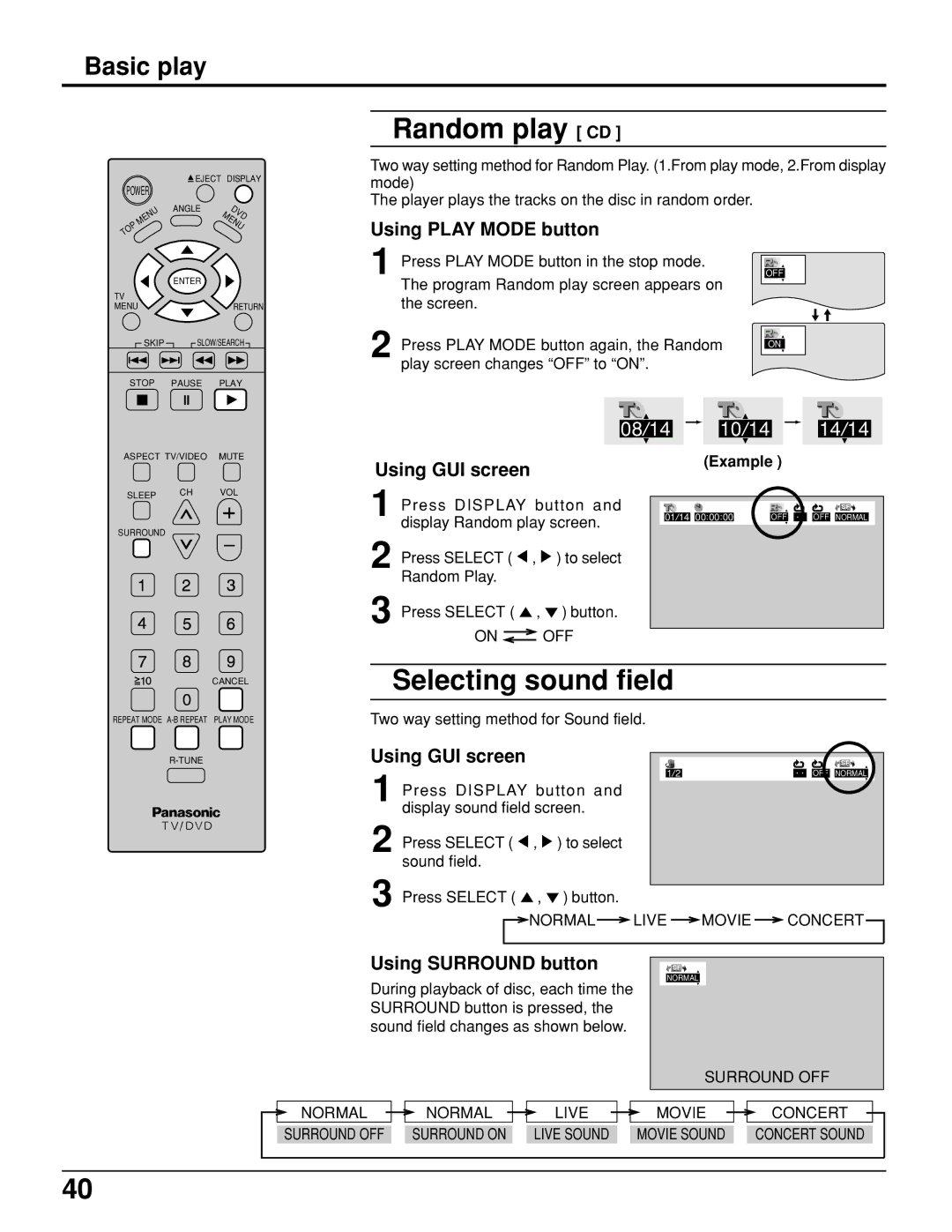 Panasonic TC 11LV1 Random play CD, Selecting sound field, Using Play Mode button, Using GUI screen, Using Surround button 