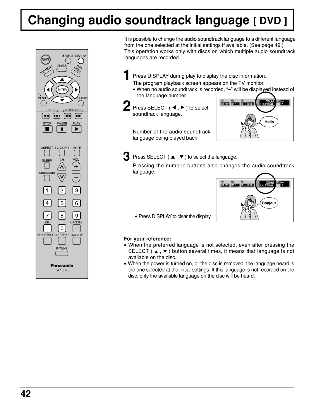 Panasonic TC 11LV1 operating instructions Changing audio soundtrack language DVD 