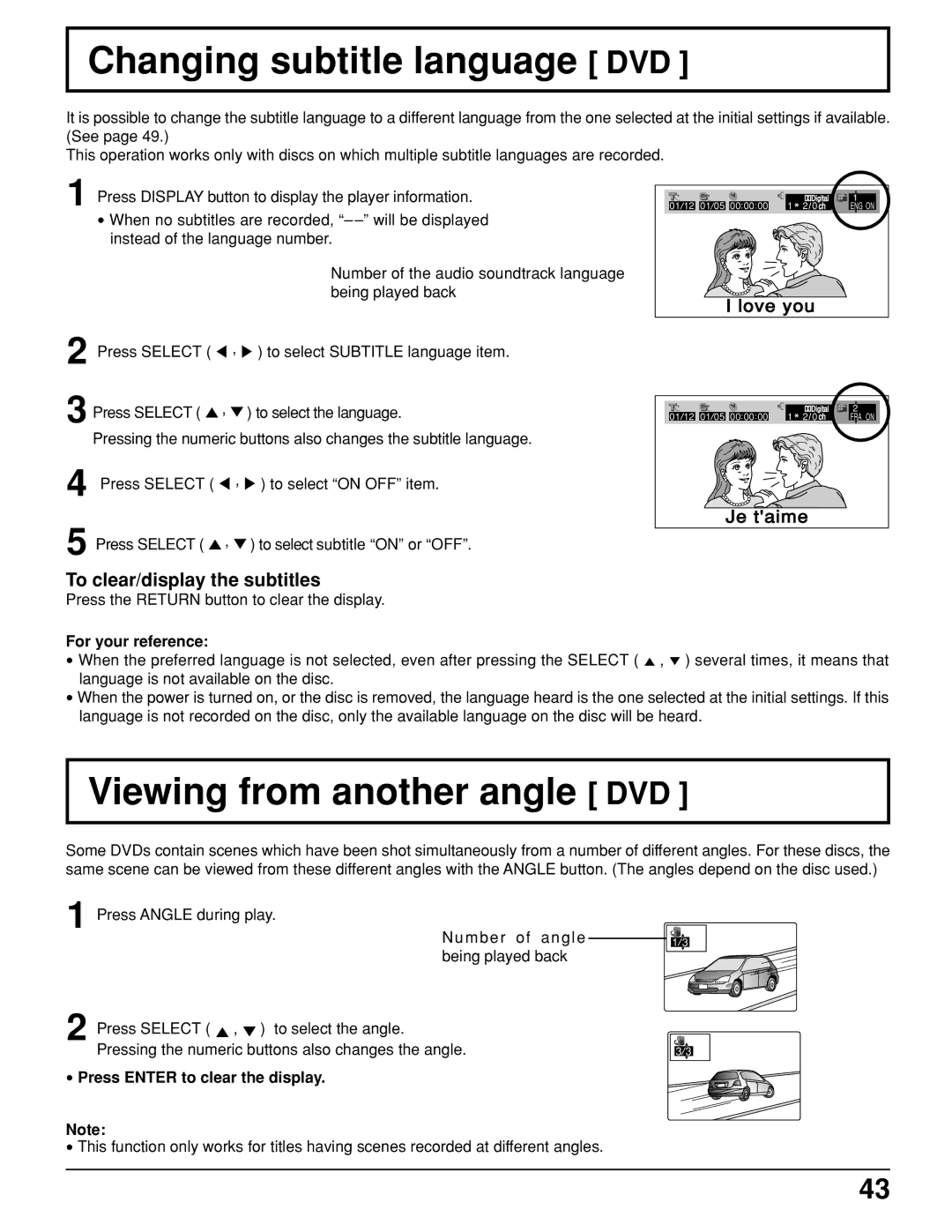 Panasonic TC 11LV1 Changing subtitle language DVD, Viewing from another angle DVD, To clear/display the subtitles 