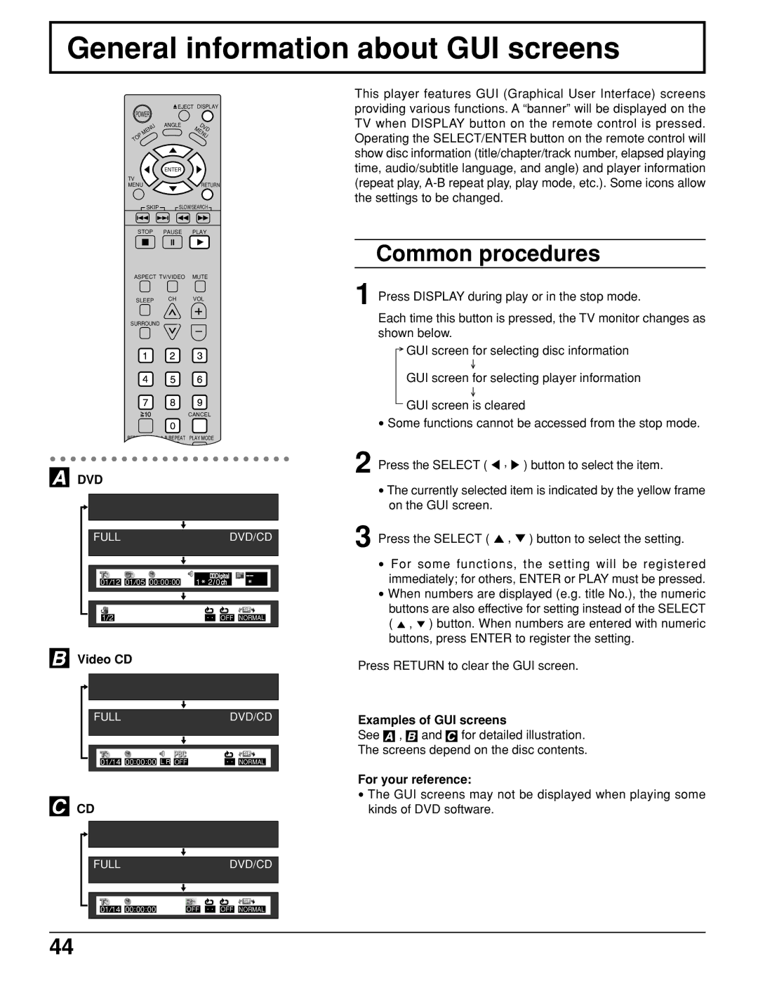 Panasonic TC 11LV1 operating instructions General information about GUI screens, Common procedures, Examples of GUI screens 