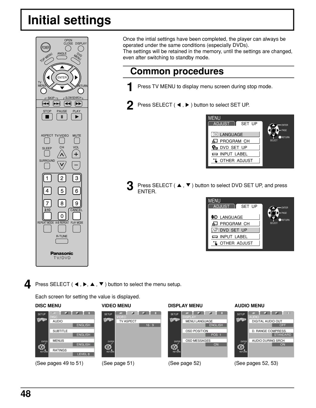 Panasonic TC 11LV1 operating instructions Initial settings, Enter 