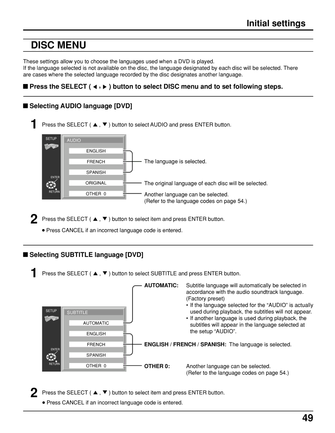 Panasonic TC 11LV1 Initial settings, Selecting Subtitle language DVD, English / French / Spanish The language is selected 