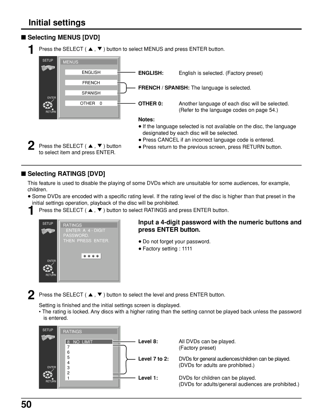 Panasonic TC 11LV1 operating instructions Selecting Menus DVD, Selecting Ratings DVD 