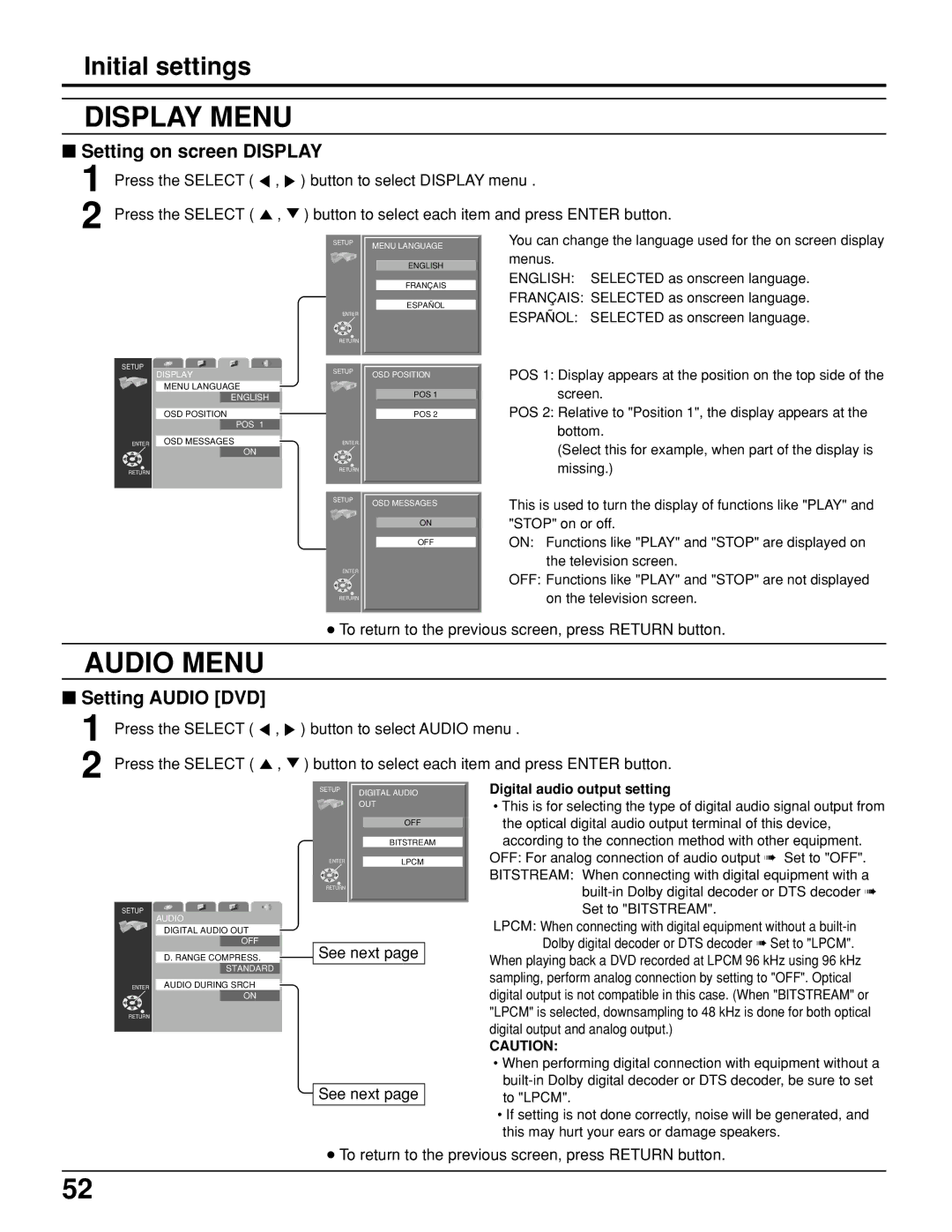 Panasonic TC 11LV1 operating instructions Setting on screen Display, Setting Audio DVD, Digital audio output setting 