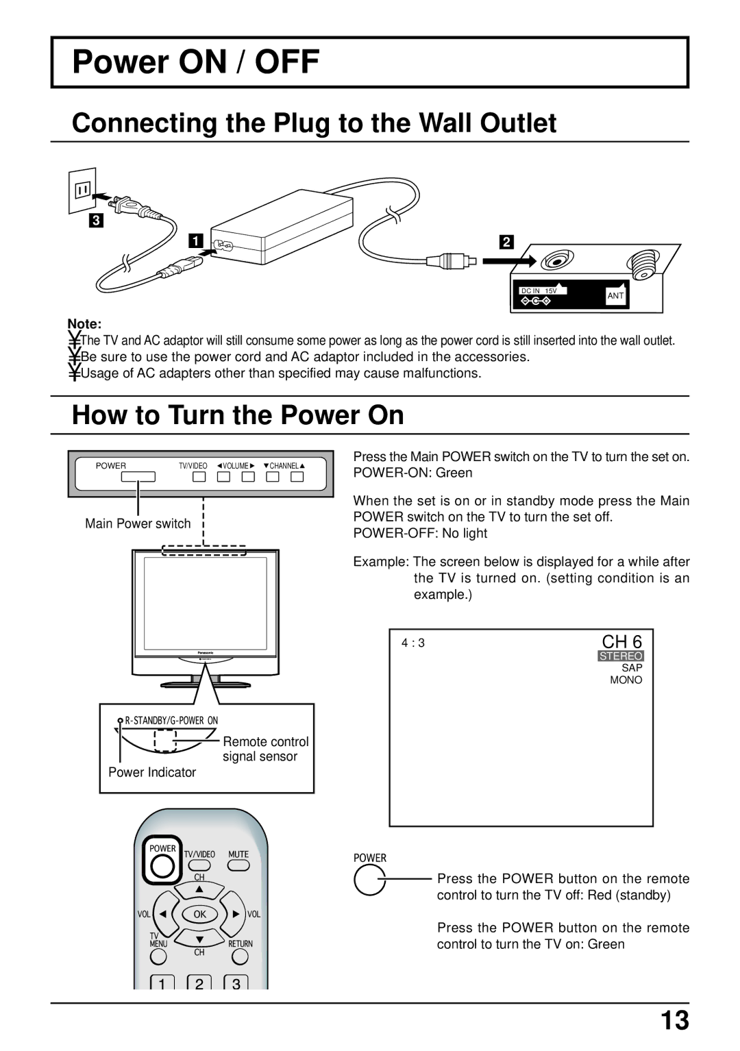 Panasonic TC-14LA1 Power on / OFF, Connecting the Plug to the Wall Outlet, How to Turn the Power On, Main Power switch 