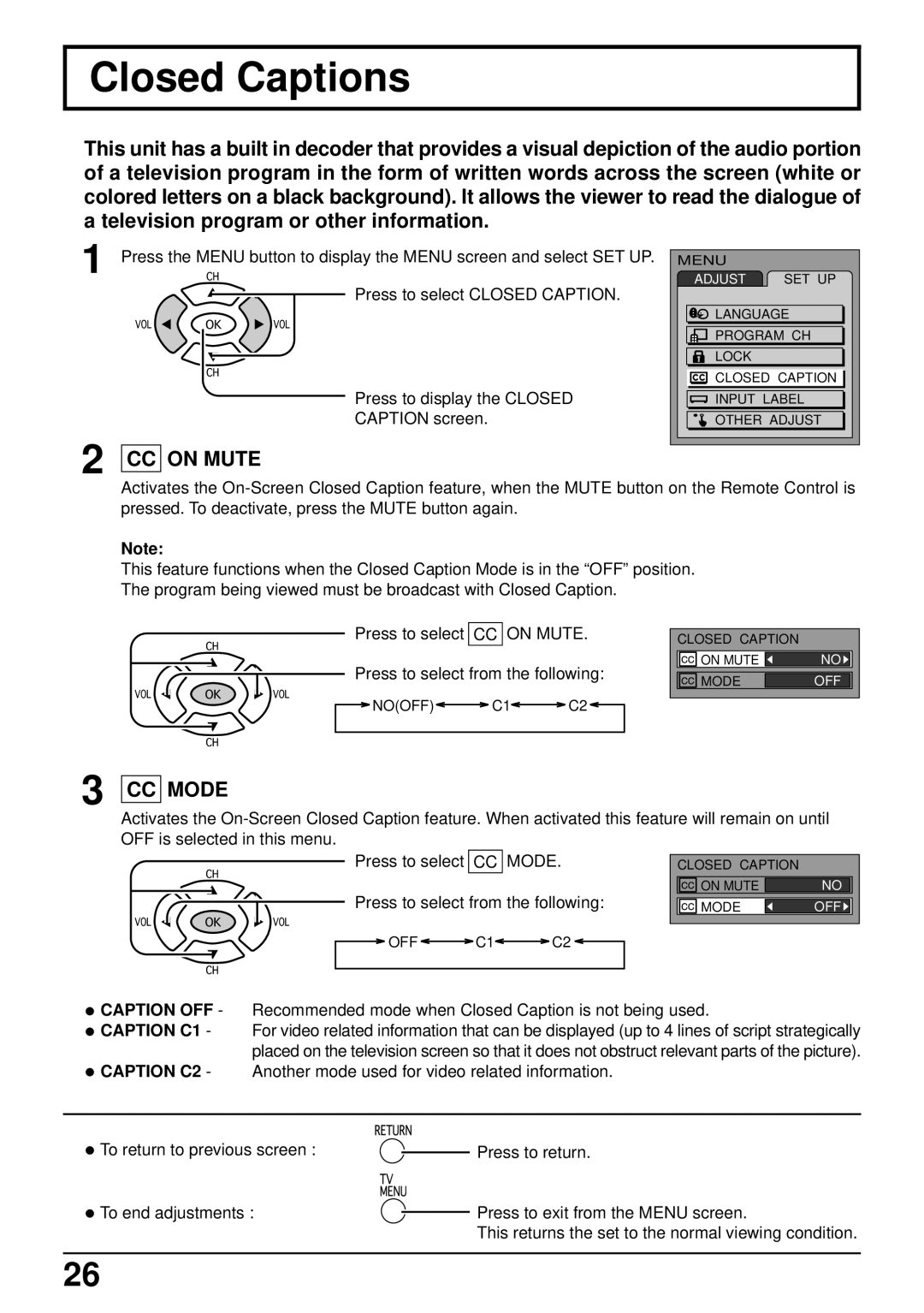 Panasonic TC-14LA1 manual Closed Captions, CC on Mute 