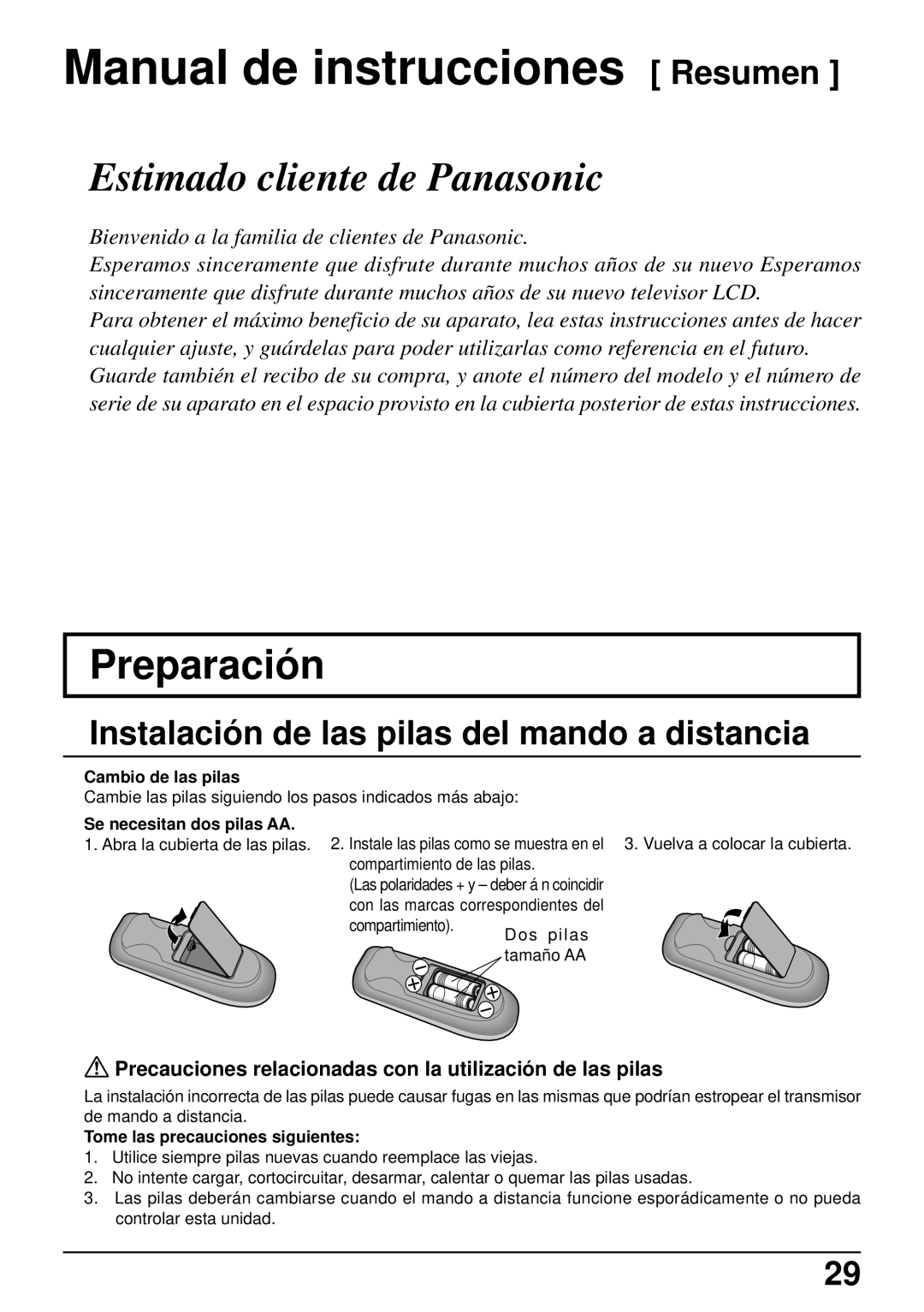 Panasonic TC-14LA1 manual Preparació n, Instalació n de las pilas del mando a distancia 