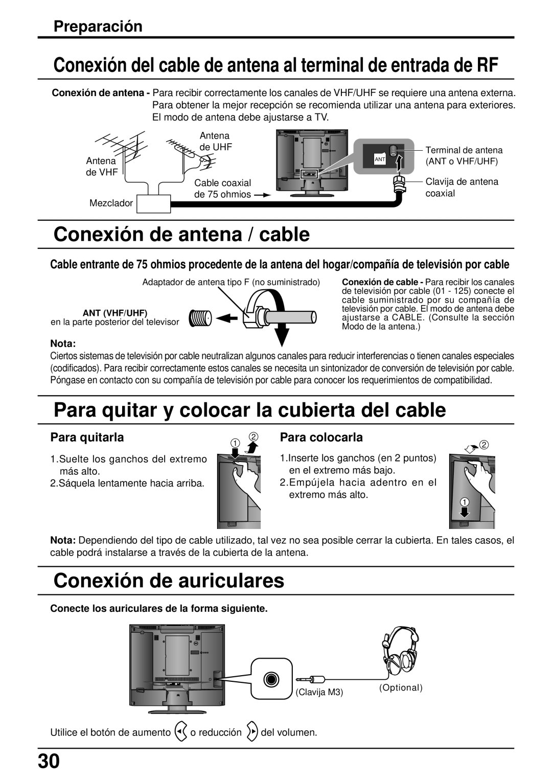 Panasonic TC-14LA1 Conexió n de antena / cable, Para quitar y colocar la cubierta del cable, Conexió n de auriculares 