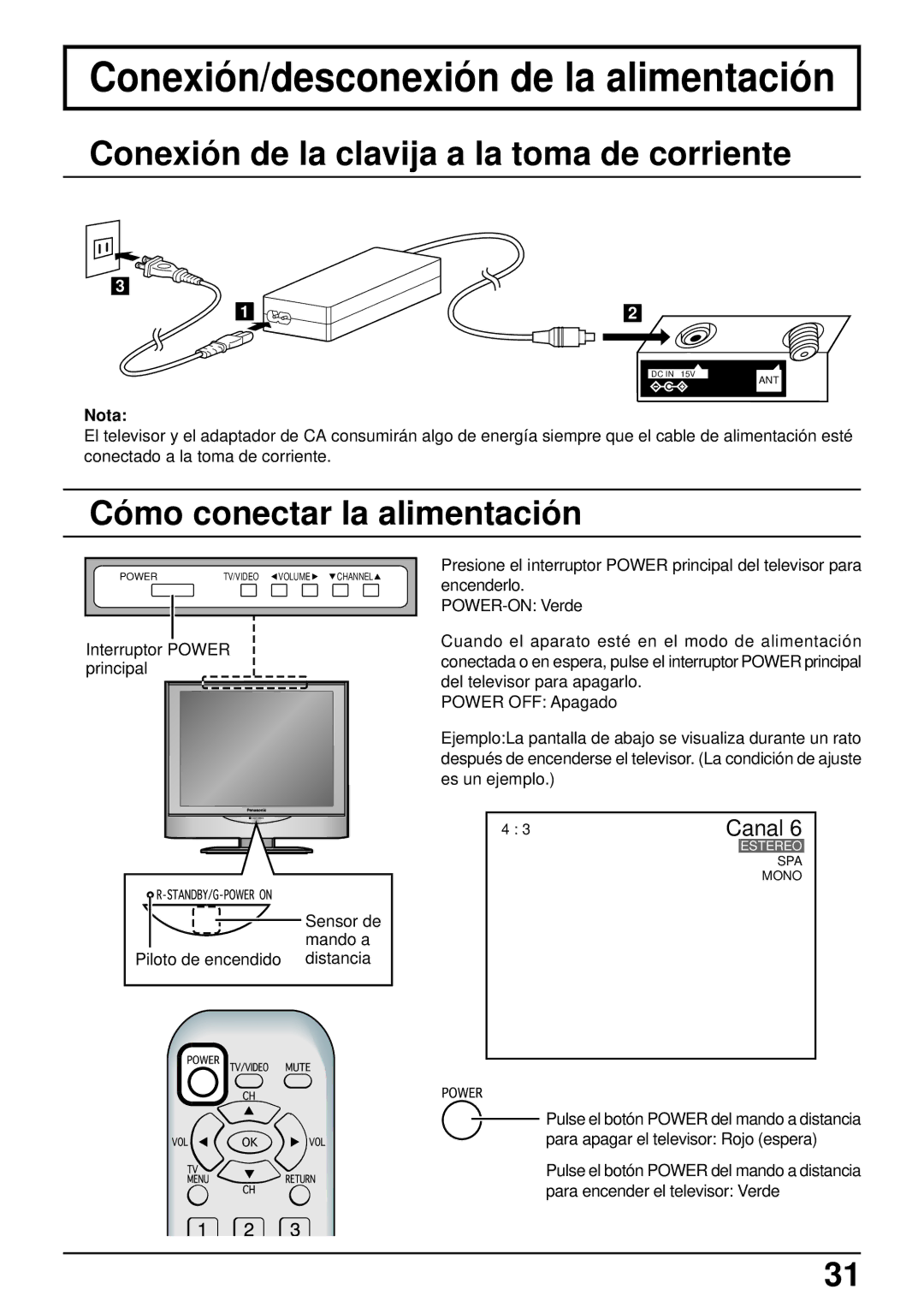 Panasonic TC-14LA1 manual Conexió n de la clavija a la toma de corriente, Có mo conectar la alimentació n 