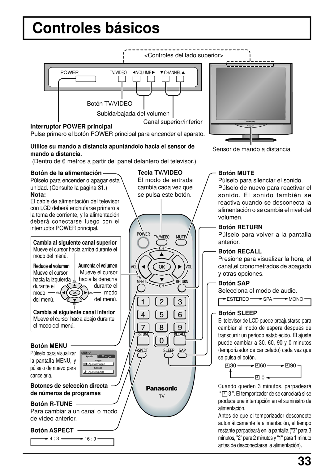 Panasonic TC-14LA1 manual Controles bá sicos 