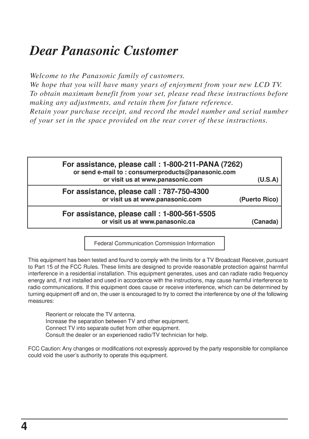 Panasonic TC-14LA1 manual Dear Panasonic Customer 