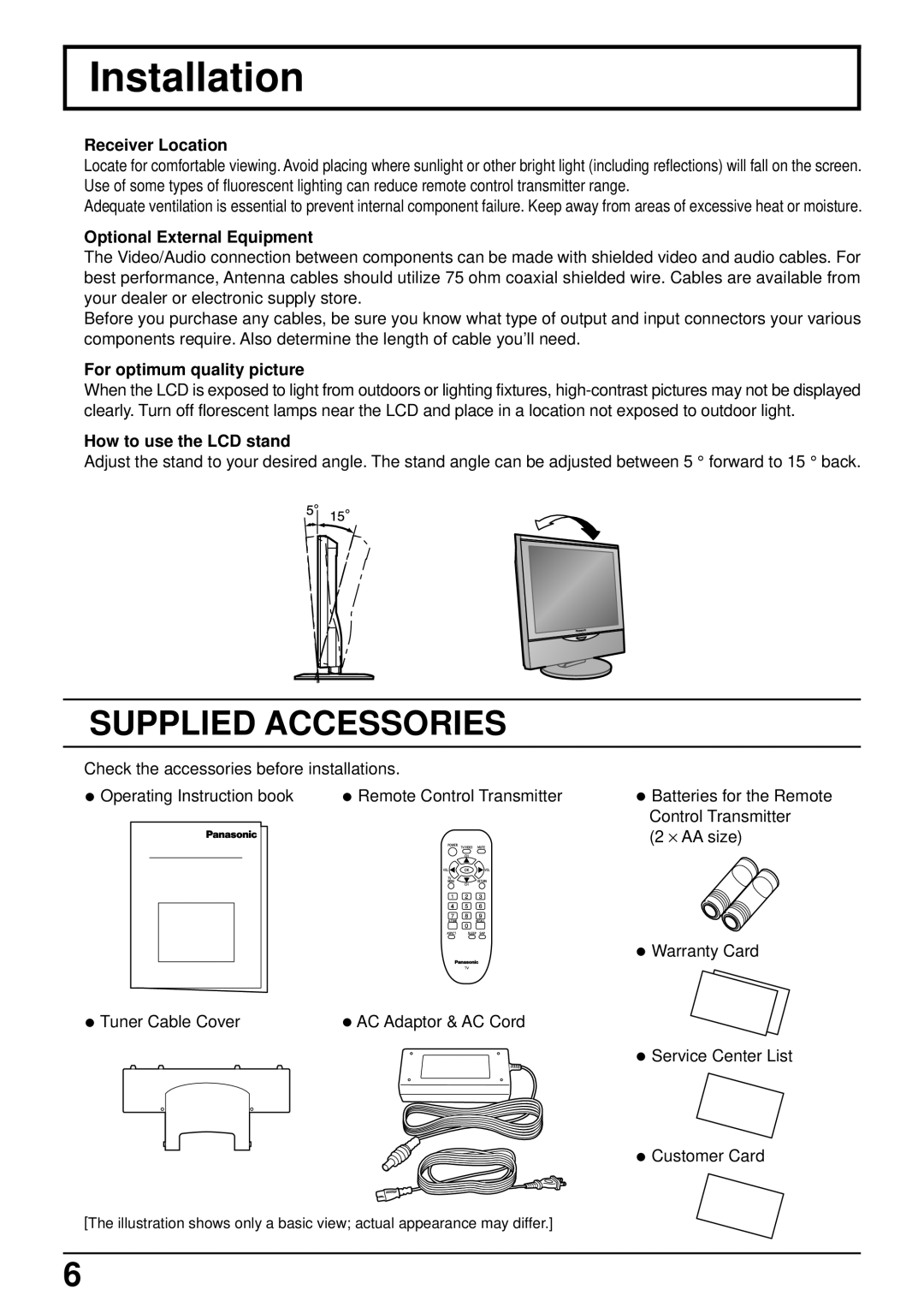 Panasonic TC-14LA1 manual Installation, Receiver Location, Optional External Equipment, For optimum quality picture 