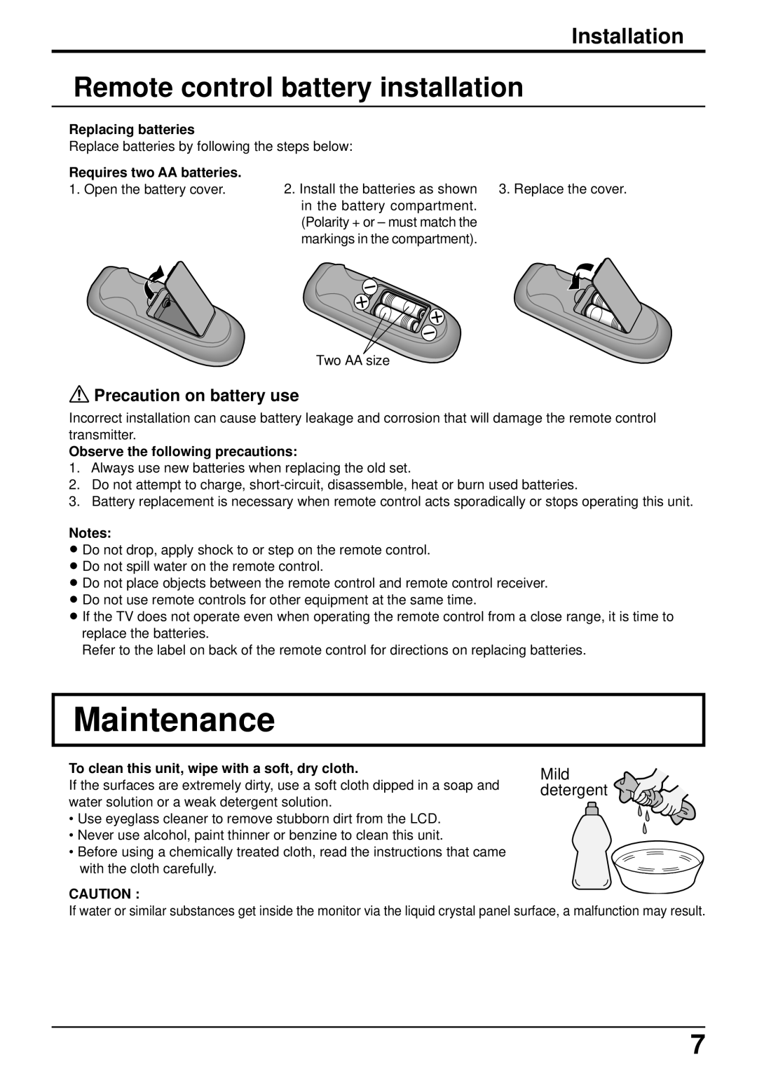 Panasonic TC-14LA1 manual Maintenance, Remote control battery installation, Precaution on battery use 