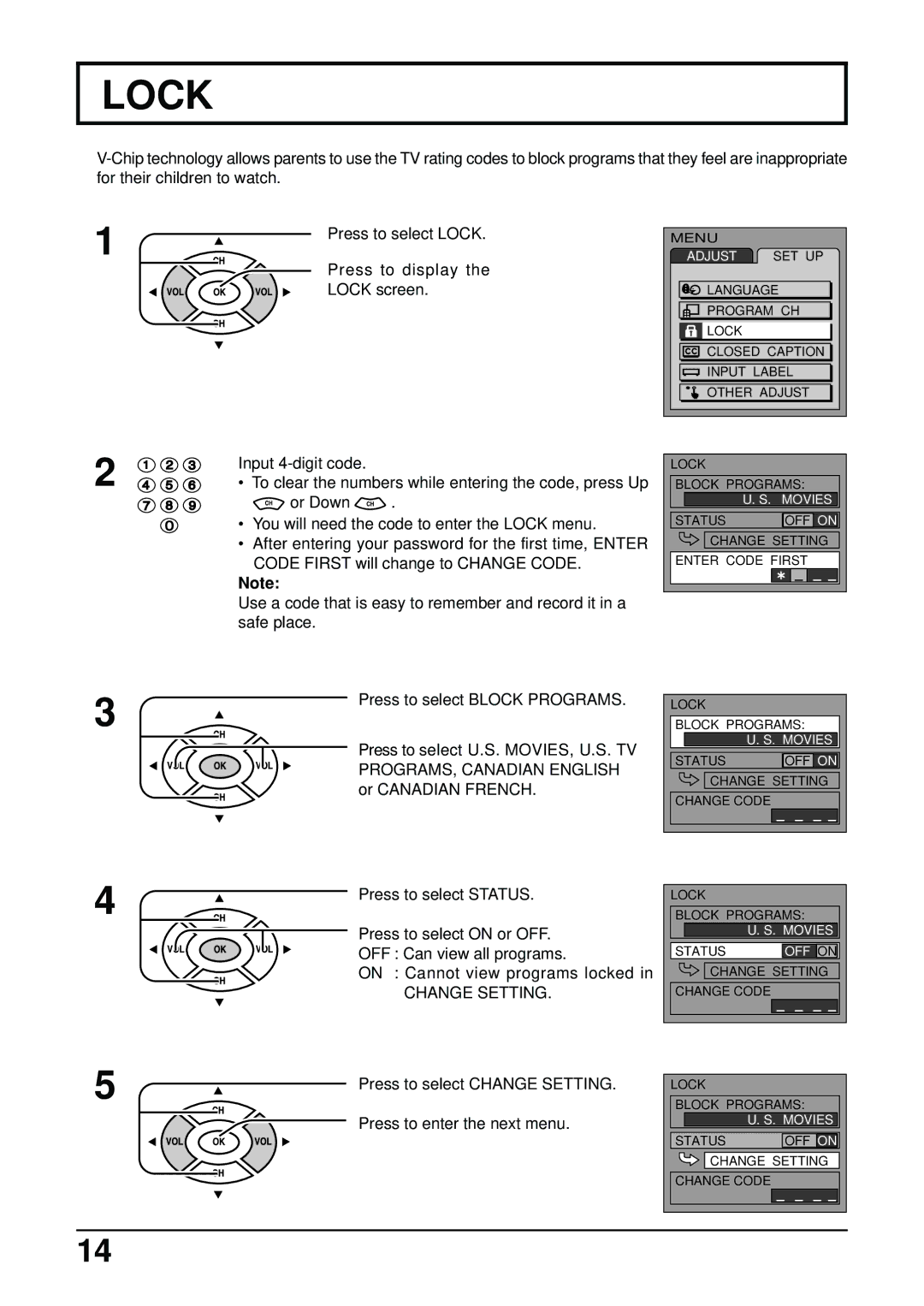 Panasonic TC-14LA2 manual Press to display Lock screen, Input 4-digit code, Change Setting 