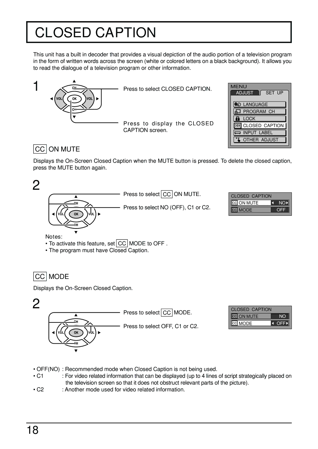 Panasonic TC-14LA2 manual Closed Caption, C2 Another mode used for video related information 