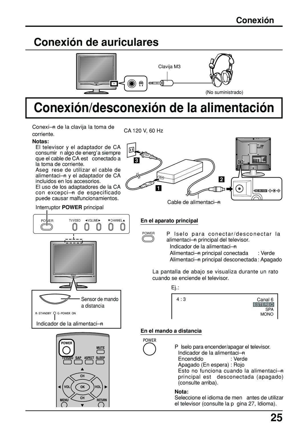 Panasonic TC-14LA2 manual Conexión/desconexión de la alimentación, Notas, En el aparato principal, En el mando a distancia 