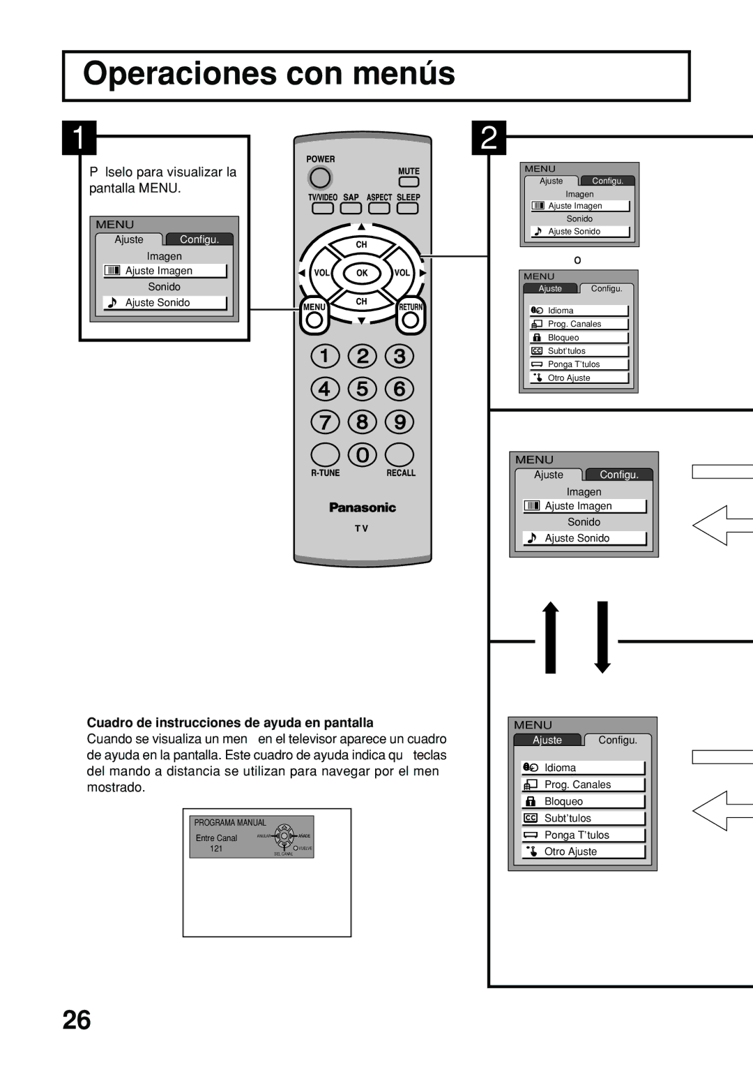 Panasonic TC-14LA2 manual Operaciones con menús, Pantalla Menu, Cuadro de instrucciones de ayuda en pantalla, Mostrado 