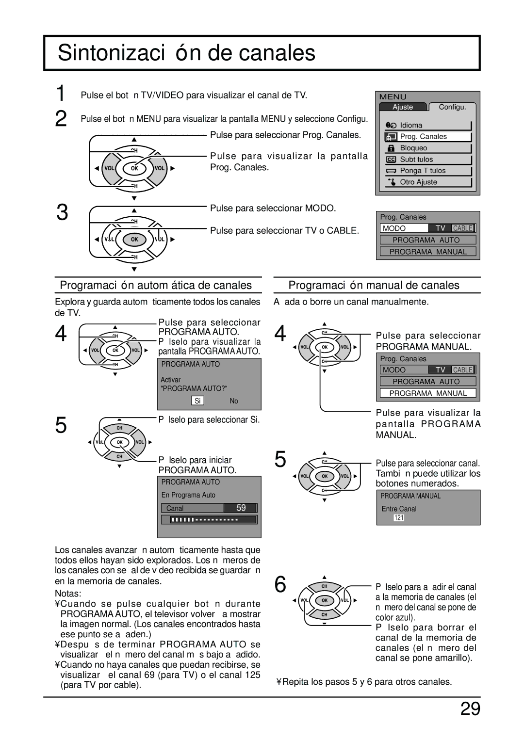 Panasonic TC-14LA2 Sintonización de canales, Programación automática de canales, Programación manual de canales 