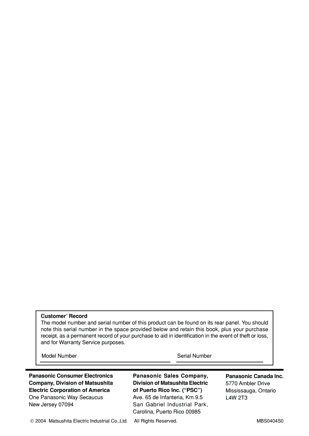 Panasonic TC-14LA2 manual Customer’ Record, Ambler Drive, Electric Corporation of America Puerto Rico Inc. PSC 