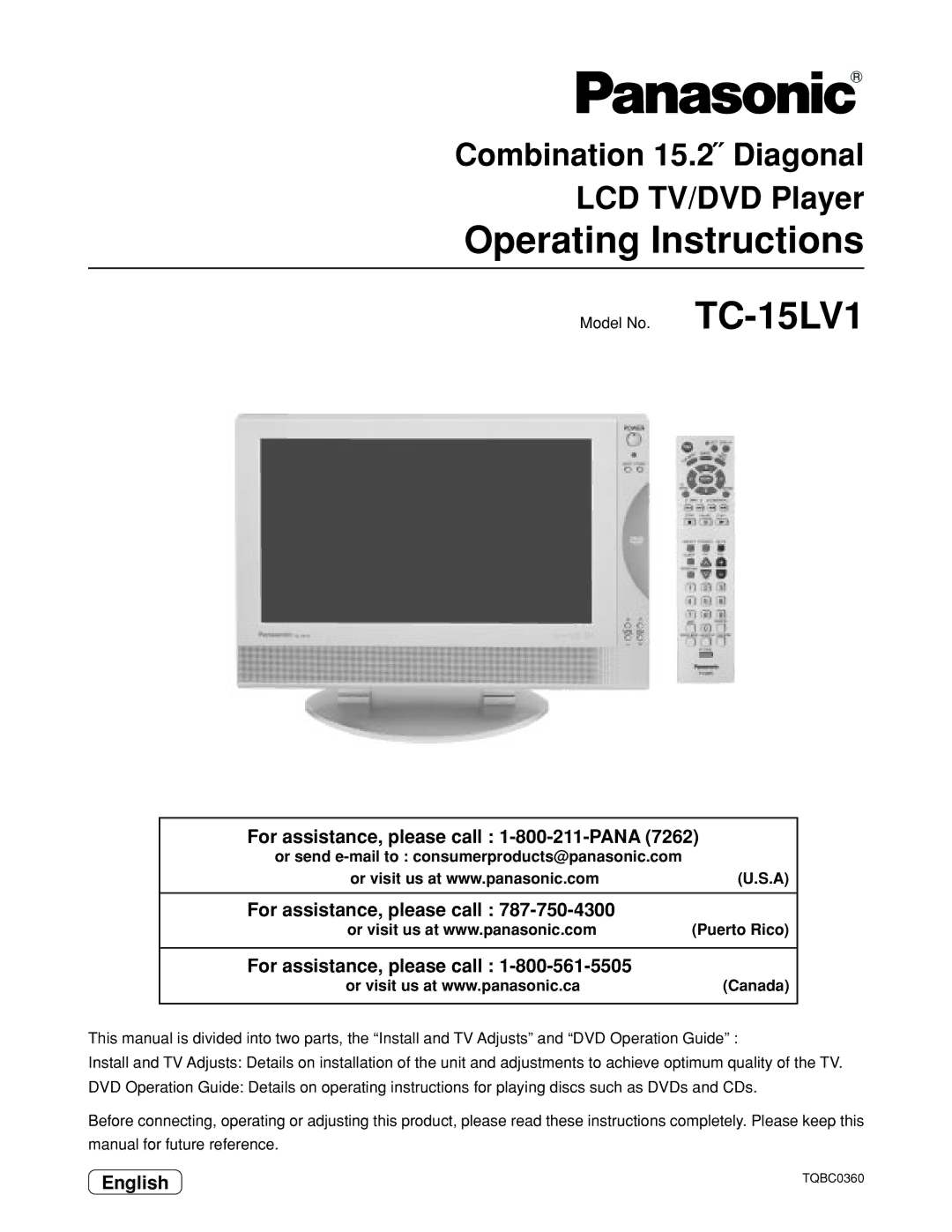 Panasonic TC 15LV1 manual Operating Instructions, Combination 15.2˝ Diagonal LCD TV/DVD Player, English 