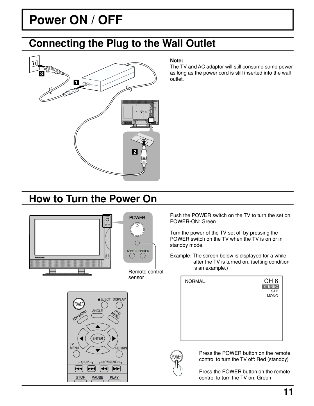 Panasonic TC 15LV1 manual Power on / OFF, Connecting the Plug to the Wall Outlet, How to Turn the Power On 