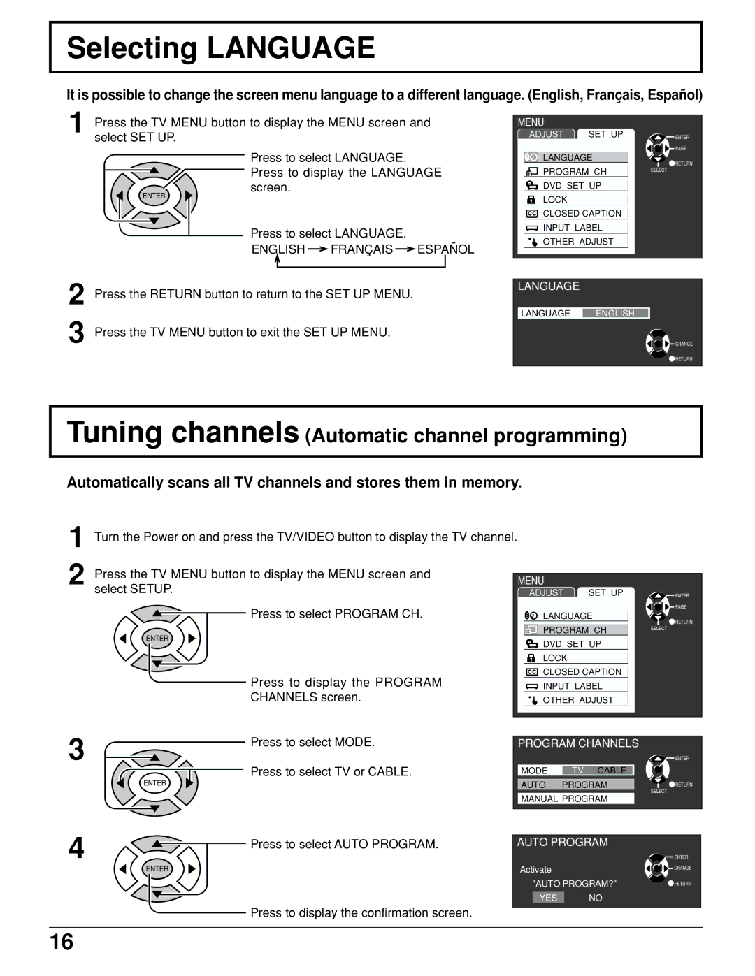 Panasonic TC 15LV1 manual Selecting Language, Tuning channels Automatic channel programming 