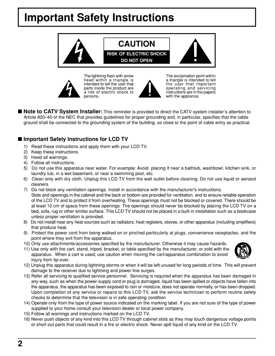 Panasonic TC 15LV1 manual Important Safety Instructions for LCD TV 