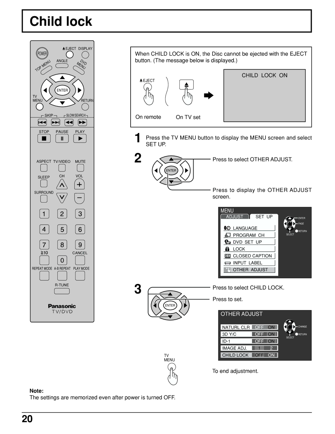 Panasonic TC 15LV1 manual Child lock, Set Up 