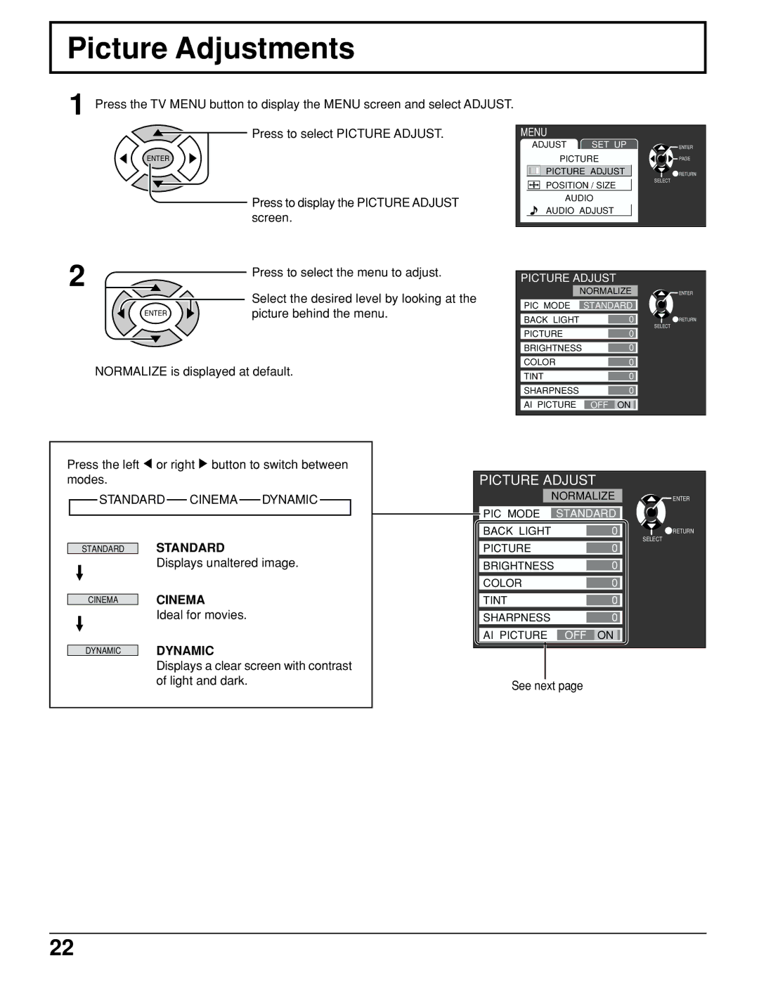 Panasonic TC 15LV1 manual Picture Adjustments, Normalize is displayed at default 