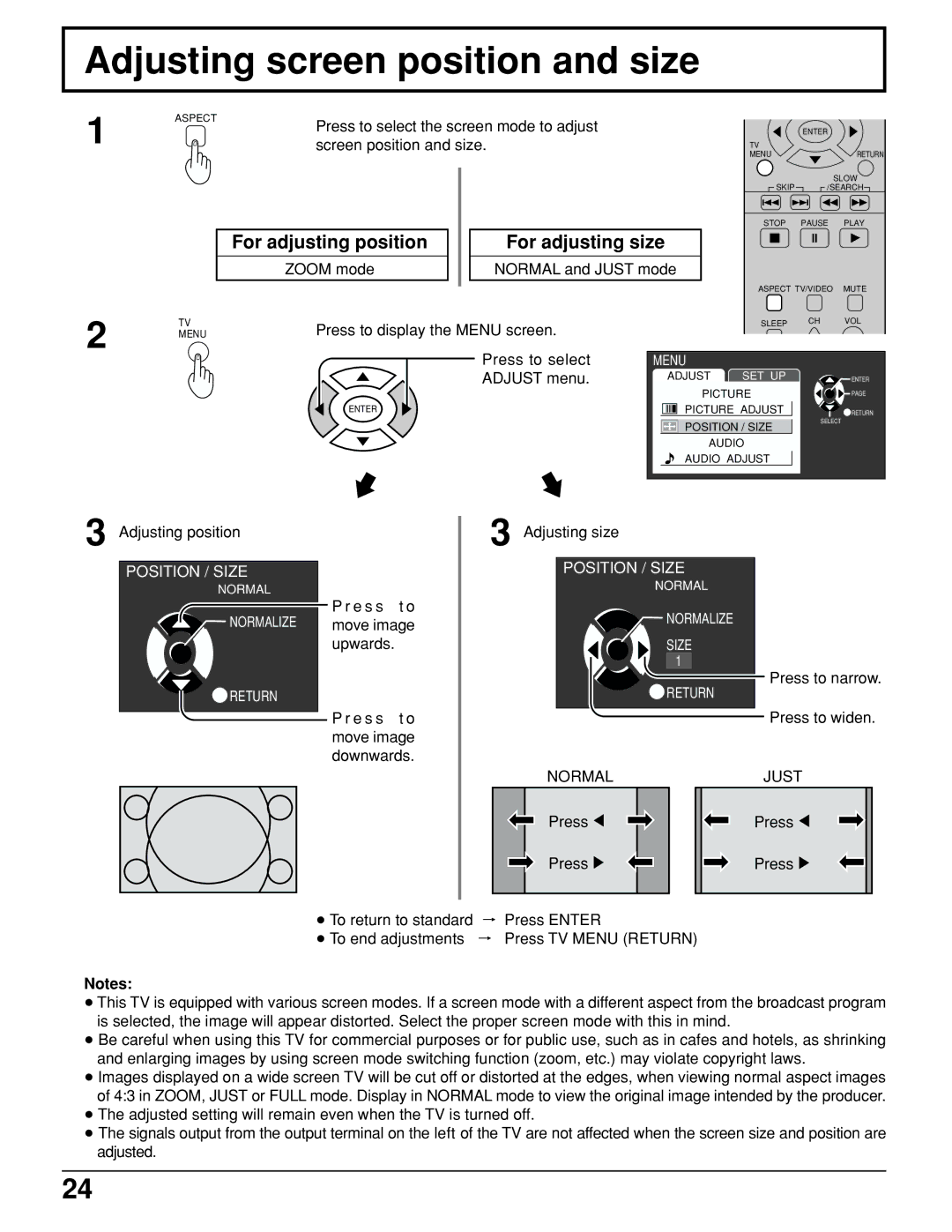 Panasonic TC 15LV1 manual Adjusting screen position and size, For adjusting position For adjusting size 