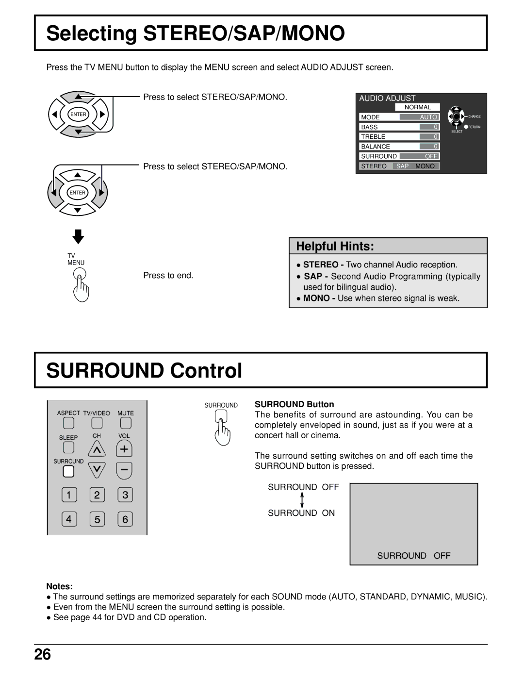 Panasonic TC 15LV1 manual Selecting STEREO/SAP/MONO, Surround Control, Surround Surround Button 