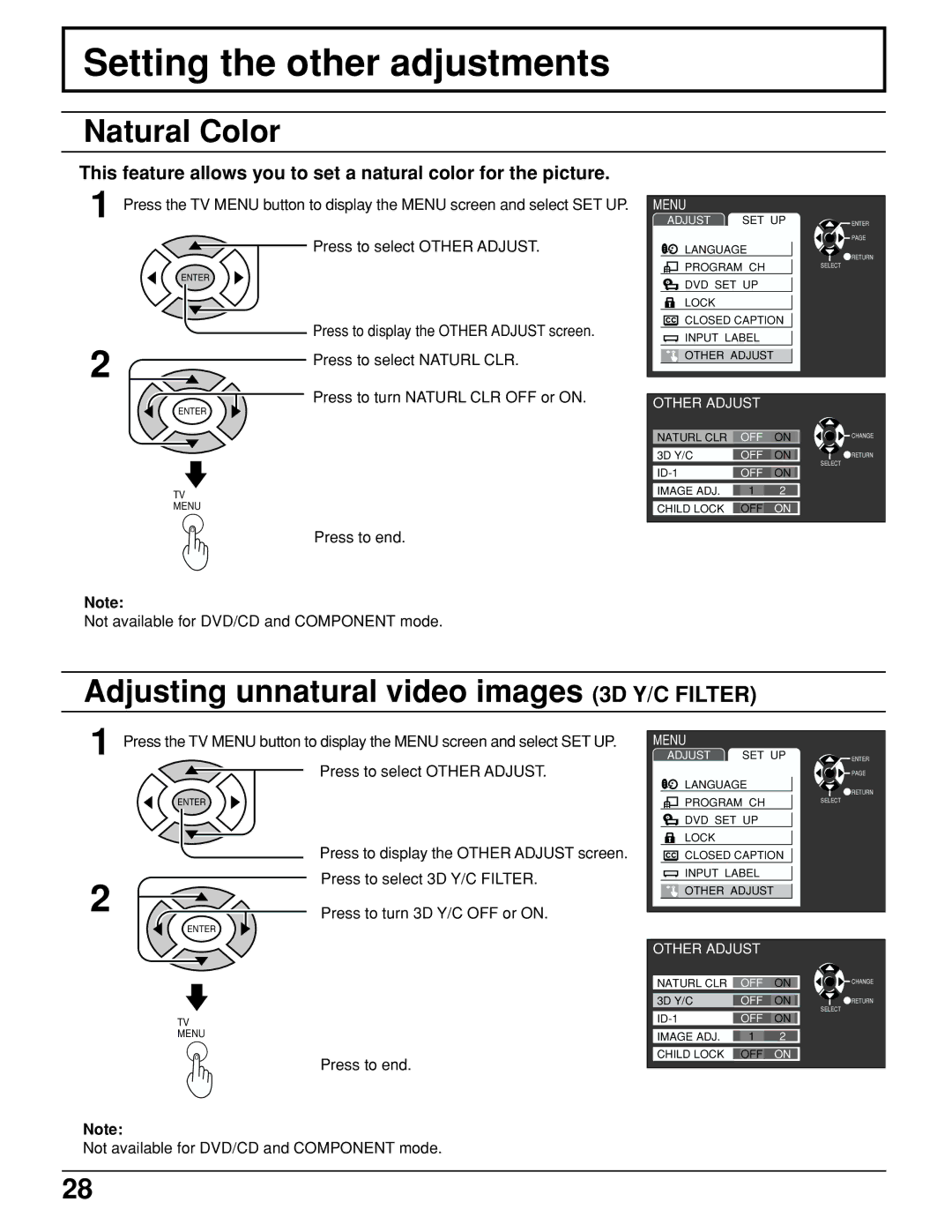 Panasonic TC 15LV1 manual Setting the other adjustments, Natural Color, Adjusting unnatural video images 3D Y/C Filter 