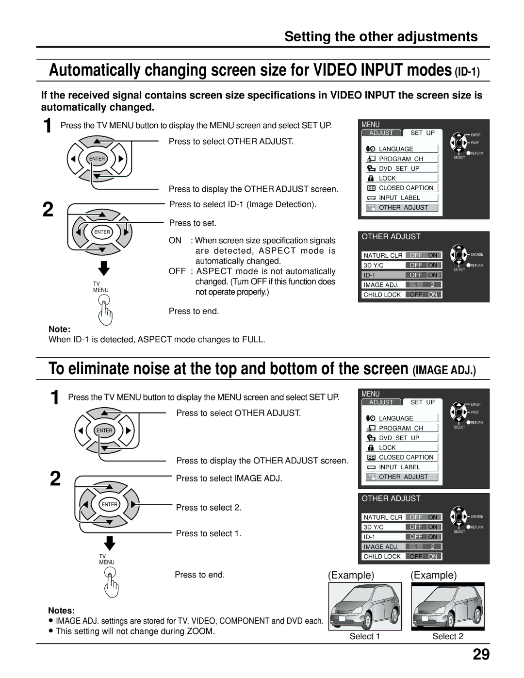 Panasonic TC 15LV1 manual Setting the other adjustments, Press to select Image ADJ 