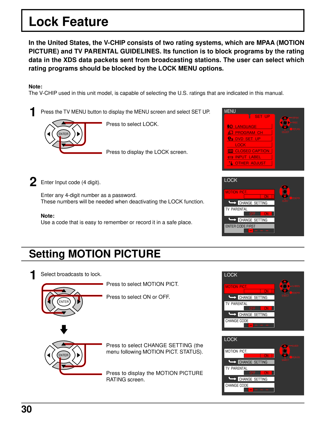 Panasonic TC 15LV1 manual Lock Feature, Setting Motion Picture 