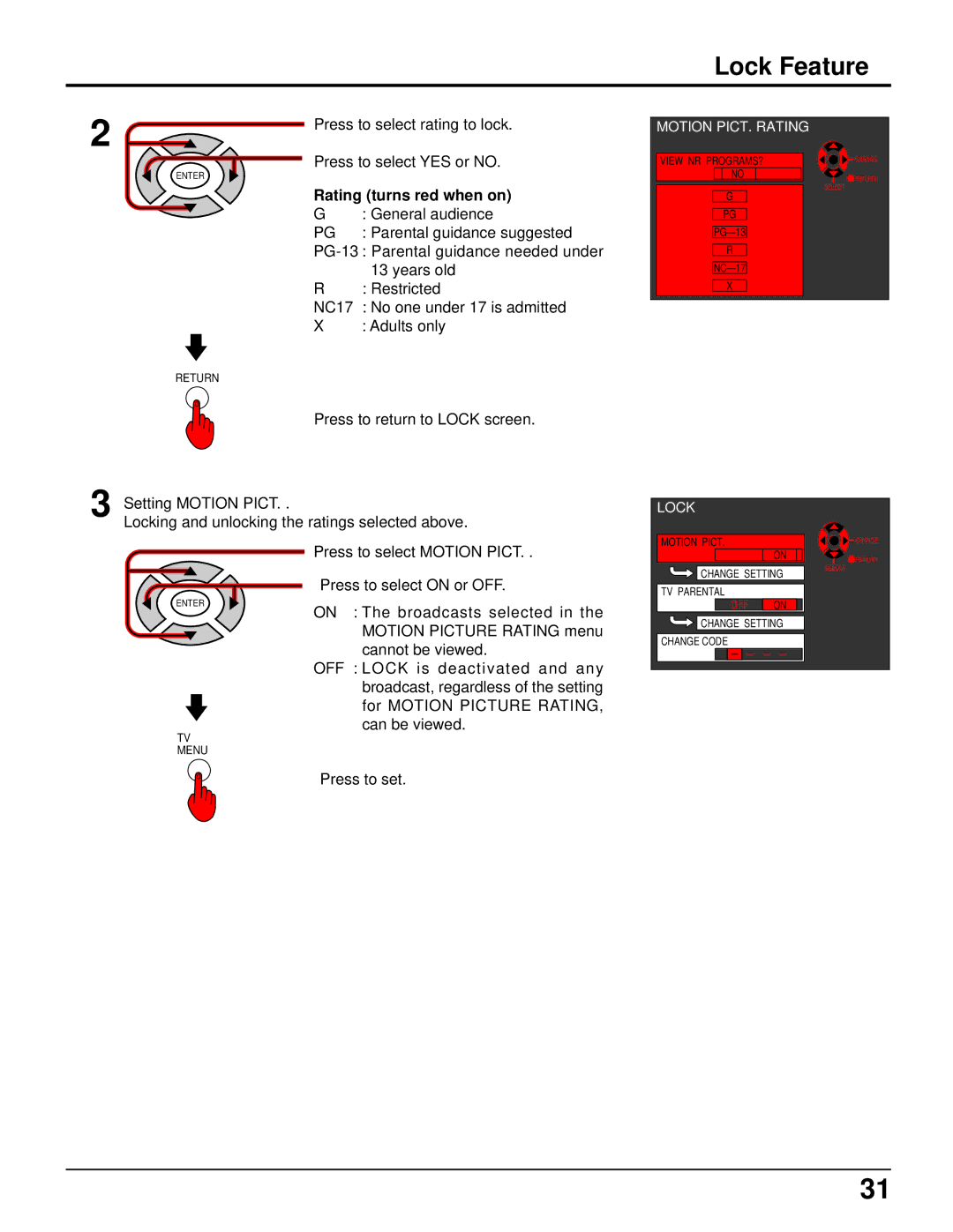 Panasonic TC 15LV1 manual Lock Feature, Rating turns red when on 