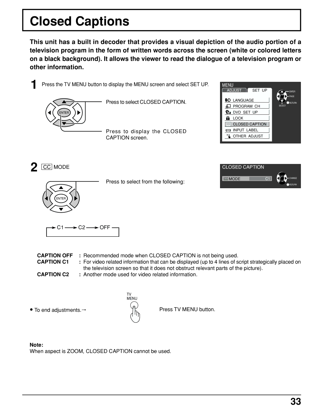 Panasonic TC 15LV1 manual Closed Captions, Recommended mode when Closed Caption is not being used, Press TV Menu button 