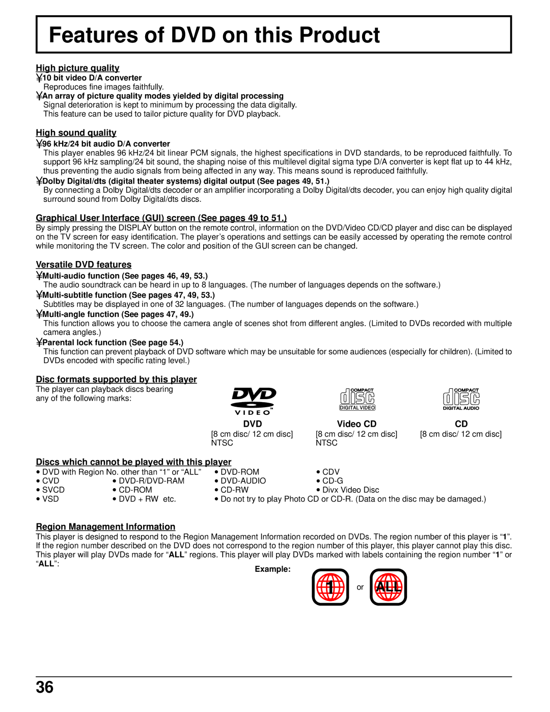 Panasonic TC 15LV1 manual Features of DVD on this Product 