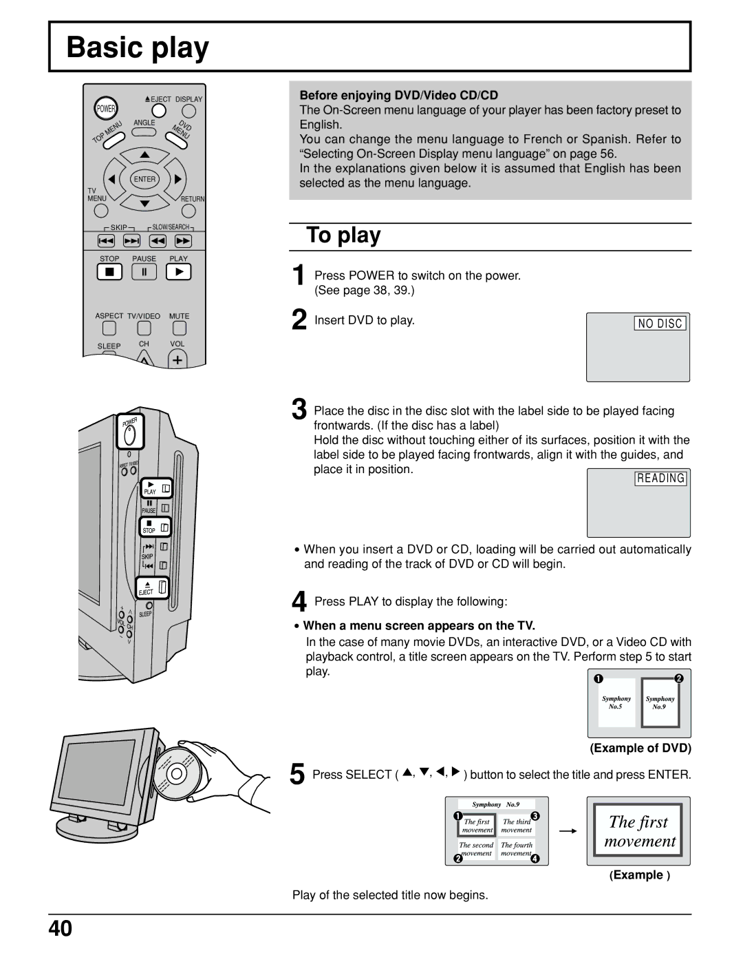 Panasonic TC 15LV1 manual Basic play, To play 