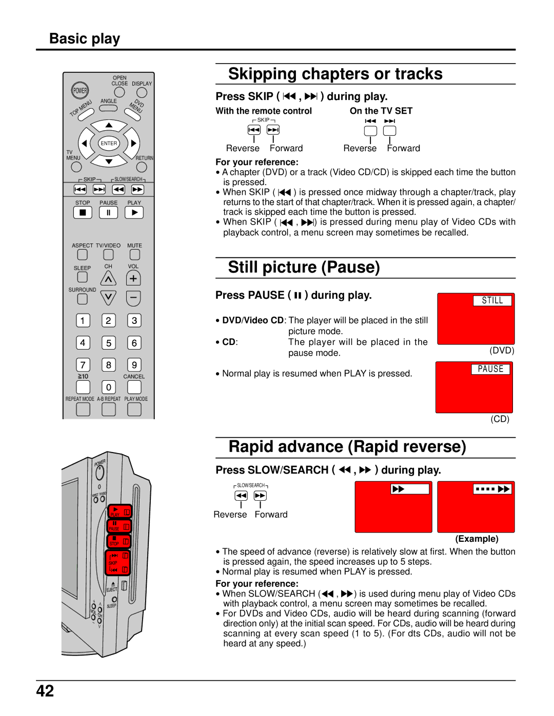 Panasonic TC 15LV1 Skipping chapters or tracks, Still picture Pause, Rapid advance Rapid reverse, Press Skip , during play 